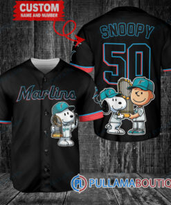 Miami Marlins x Snoopy and Charlie Brown with Trophy Baseball Jersey Black