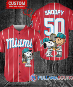 Miami Marlins x Snoopy and Charlie Brown with Trophy Baseball Jersey Red