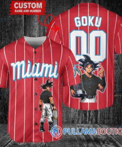 Miami Marlins x Son Goku Kakarot Super Saiyan Dragon Ball Z with Trophy Baseball Jersey Red V2