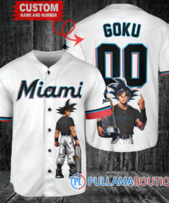 Miami Marlins x Son Goku Kakarot Super Saiyan Dragon Ball Z with Trophy Baseball Jersey White V2