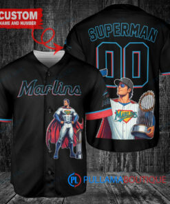 Miami Marlins x Superman DC Comics with Trophy Custom Baseball Jersey Black