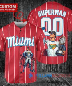 Miami Marlins x Superman DC Comics with Trophy Custom Baseball Jersey Red