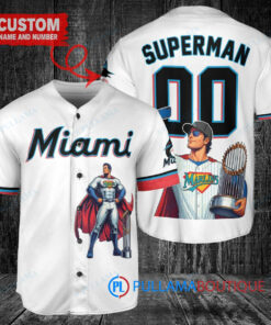 Miami Marlins x Superman DC Comics with Trophy Custom Baseball Jersey White