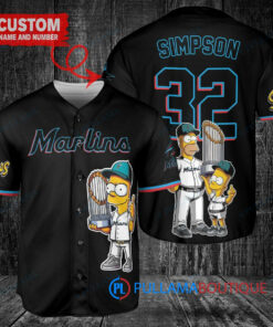 Miami Marlins x The Simpsons Bart Simpson, Homer Simpson, Lisa Simpson with Trophy Custom Baseball Jersey Black