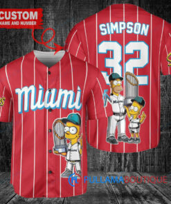 Miami Marlins x The Simpsons Bart Simpson, Homer Simpson, Lisa Simpson with Trophy Custom Baseball Jersey Red