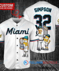 Miami Marlins x The Simpsons Bart Simpson, Homer Simpson, Lisa Simpson with Trophy Custom Baseball Jersey White