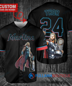 Miami Marlins x Thor Marvel with Trophy Custom Baseball Jersey Black