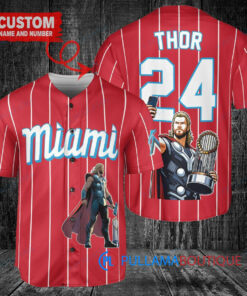 Miami Marlins x Thor Marvel with Trophy Custom Baseball Jersey Red