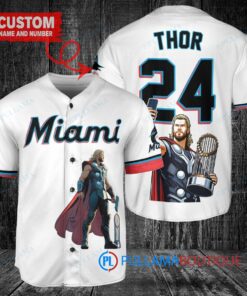 Miami Marlins x Thor Marvel with Trophy Custom Baseball Jersey White