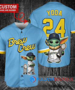 Milwaukee Brewers Baby Yoda Star Wars Mandalorian Trophy Baseball Jersey Blue