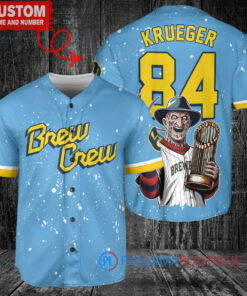 Milwaukee Brewers Freddy Krueger Halloween World Series Trophy Baseball Jersey Blue