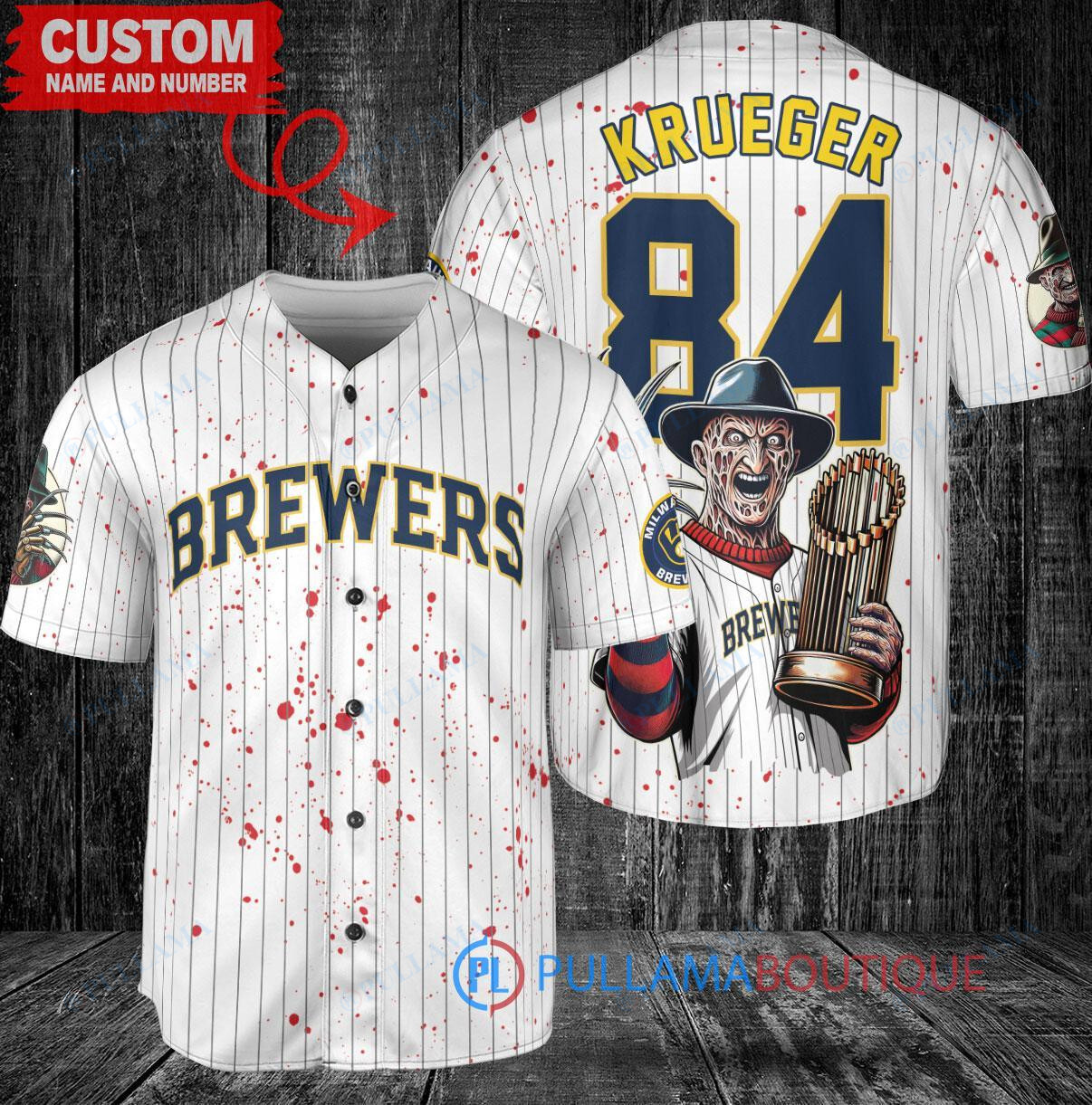 Boston Red Sox x Freddy Krueger A Nightmare on Elm Street Halloween with World Series Trophy Custom Baseball Jersey Navy