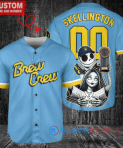 Milwaukee Brewers Jack Skellington Sally World Series Trophy Baseball Jersey Blue