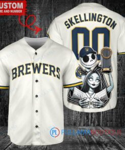 Milwaukee Brewers Jack Skellington Sally World Series Trophy Baseball Jersey Cream