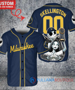 Milwaukee Brewers Jack Skellington Sally World Series Trophy Baseball Jersey Navy