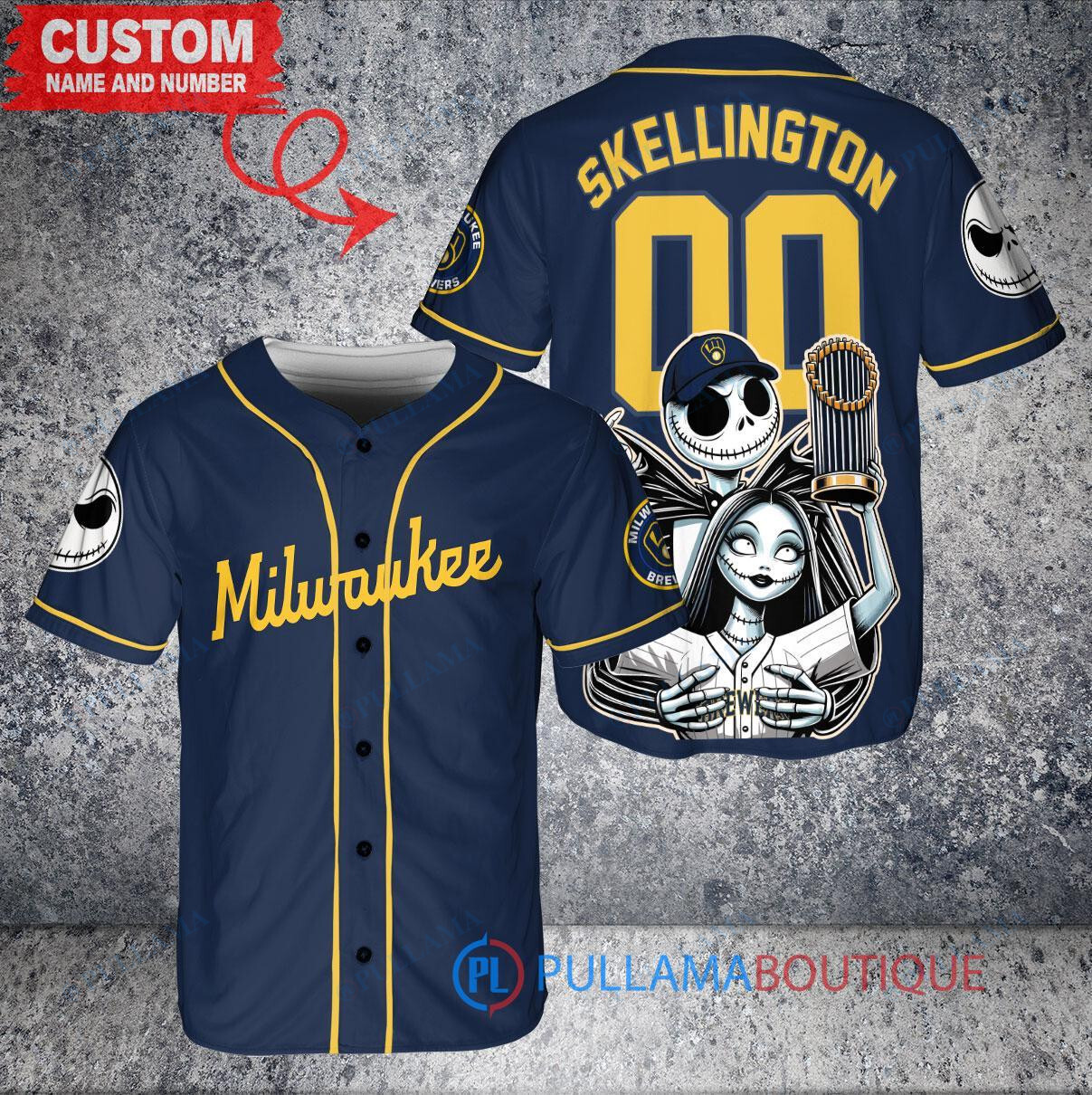 Cleveland Guardians Jack Skellington Sally World Series Trophy Baseball Jersey Gray