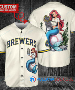 Milwaukee Brewers x Ariel Mermaid with Trophy Custom Baseball Jersey Cream