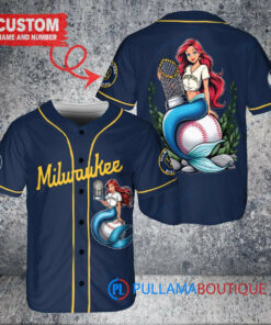 Milwaukee Brewers x Ariel Mermaid with Trophy Custom Baseball Jersey Navy