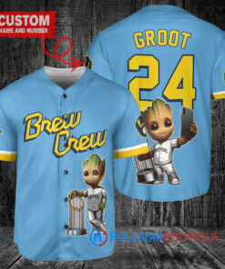 Milwaukee Brewers x Baby Groot Marvel Guardians Of The Galaxy with Trophy Custom Baseball Jersey Blue City Connect