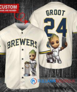 Milwaukee Brewers x Baby Groot Marvel Guardians Of The Galaxy with Trophy Custom Baseball Jersey Cream