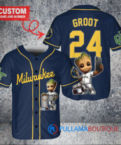 Milwaukee Brewers x Baby Groot Marvel Guardians Of The Galaxy with Trophy Custom Baseball Jersey Navy