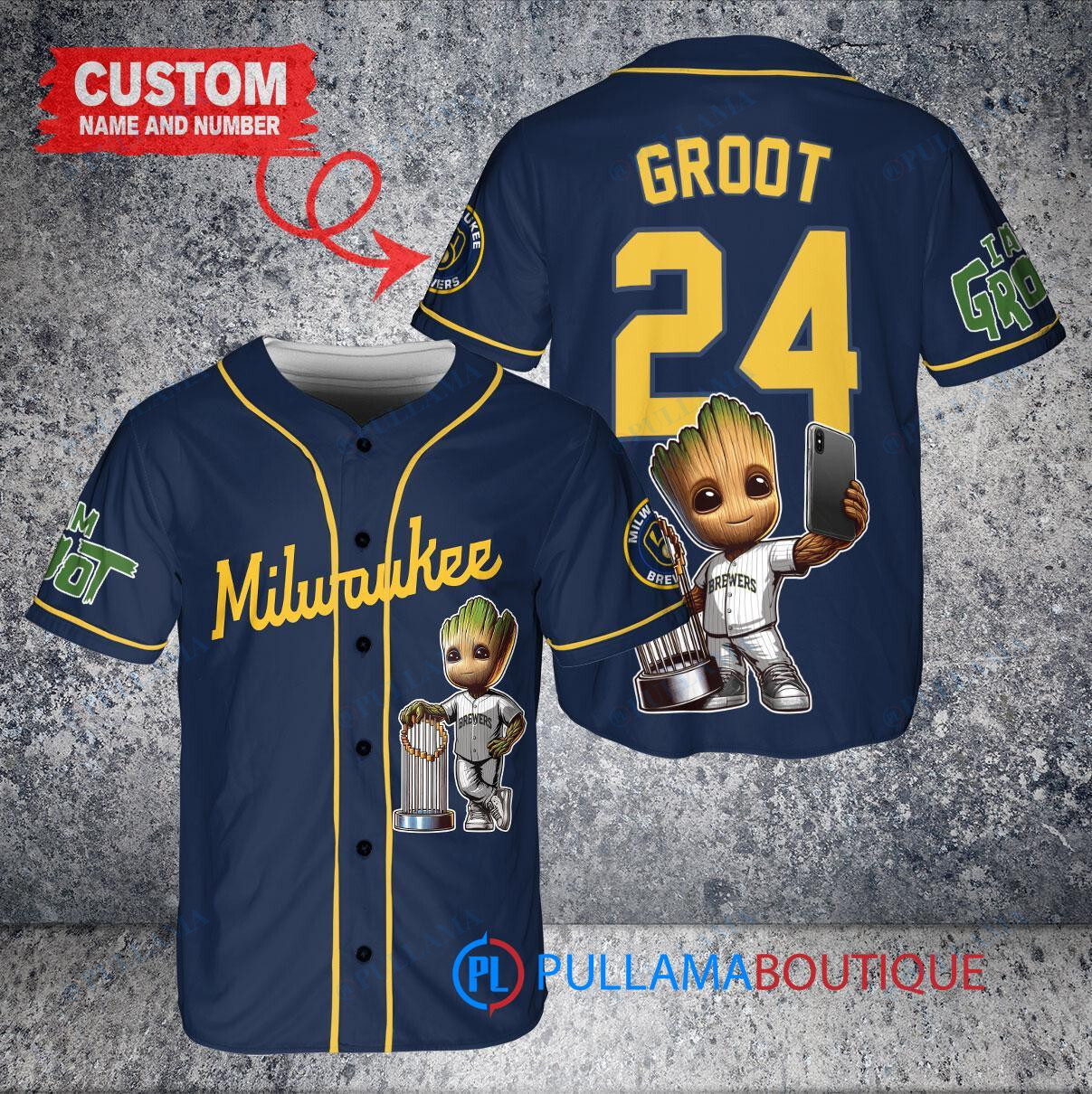 Los Angeles Dodgers x Baby Groot Marvel Guardians Of The Galaxy with Trophy Custom Baseball Jersey Navy