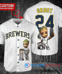 Milwaukee Brewers x Baby Groot Marvel Guardians Of The Galaxy with Trophy Custom Baseball Jersey White