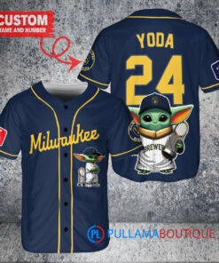 Milwaukee Brewers x Baby Yoda Star Wars The Mandalorian with Trophy Custom Baseball Jersey Navy