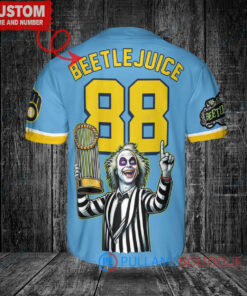 Milwaukee Brewers x Beetlejuice Halloween with World Series Trophy Custom Baseball Jersey Blue City Connect