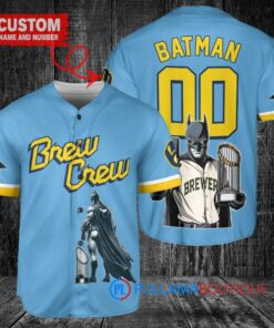 Milwaukee Brewers x DC Comics Batman The Dark Knight with Trophy Custom Baseball Jersey Blue City Connect