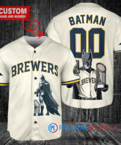 Milwaukee Brewers x DC Comics Batman The Dark Knight with Trophy Custom Baseball Jersey Cream