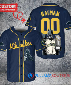 Milwaukee Brewers x DC Comics Batman The Dark Knight with Trophy Custom Baseball Jersey Navy