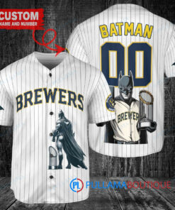 Milwaukee Brewers x DC Comics Batman The Dark Knight with Trophy Custom Baseball Jersey White