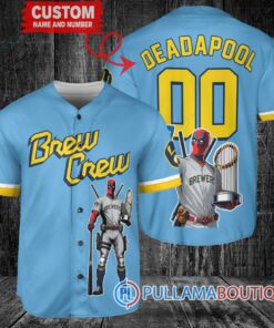 Milwaukee Brewers x Deadpool with Trophy Baseball Jersey Blue City Connect