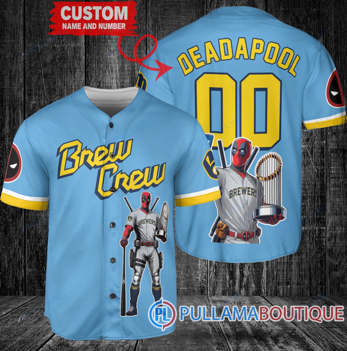 Milwaukee Brewers x Deadpool with Trophy Baseball Jersey Navy