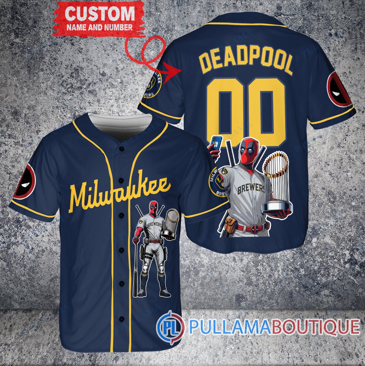 Milwaukee Brewers x Deadpool with Trophy Baseball Jersey Blue City Connect