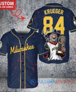 Milwaukee Brewers x Freddy Krueger A Nightmare on Elm Street Halloween with World Series Trophy Custom Baseball Jersey Navy