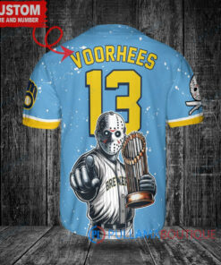 Milwaukee Brewers x Friday the 13th Jason Voorhees Halloween with World Series Trophy Custom Baseball Jersey Blue City Connect