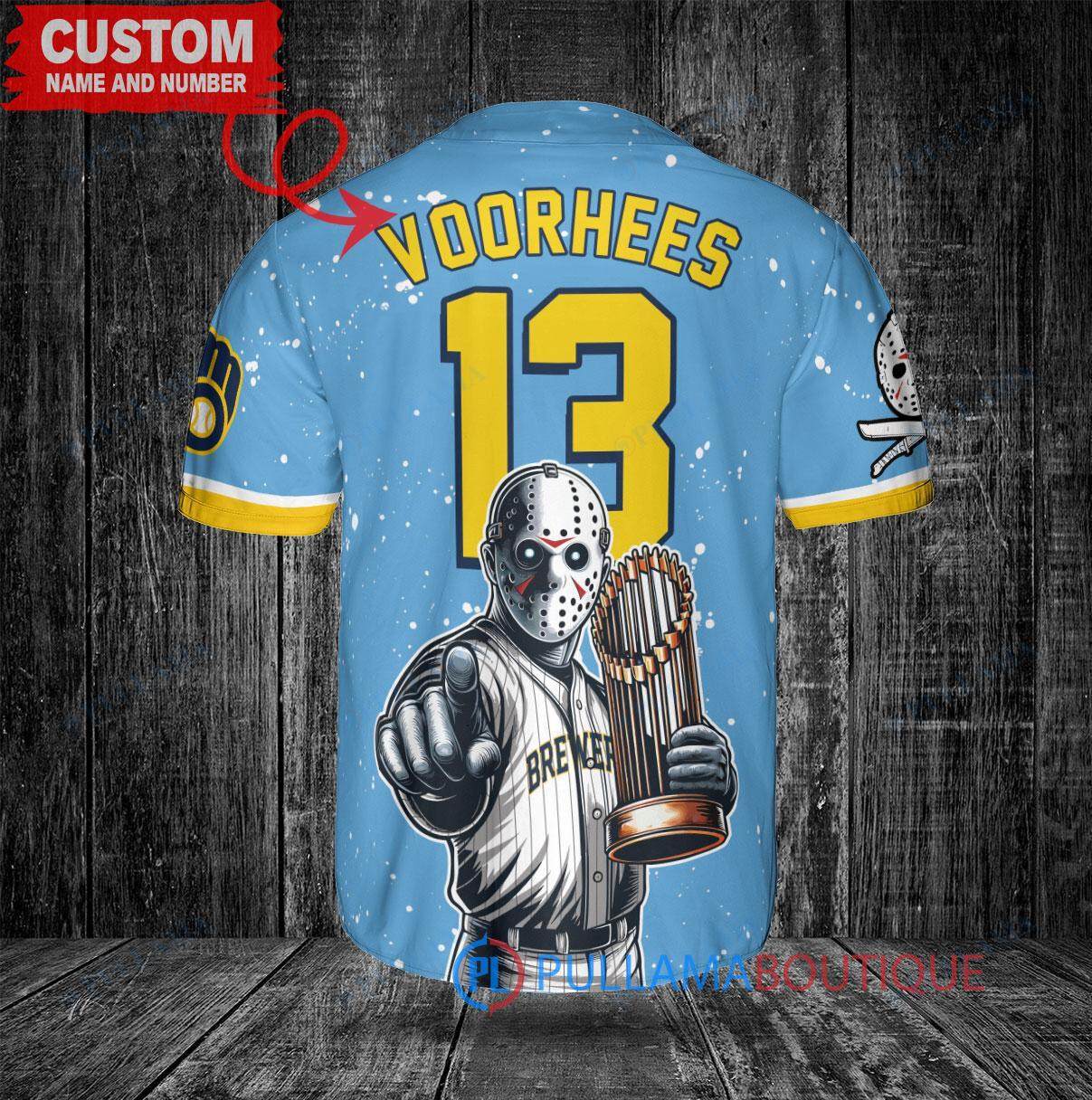 Los Angeles Dodgers x Friday the 13th Jason Voorhees Halloween with World Series Trophy Custom Baseball Jersey Navy