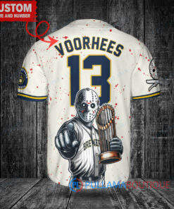 Milwaukee Brewers x Friday the 13th Jason Voorhees Halloween with World Series Trophy Custom Baseball Jersey Cream