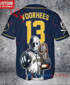 Milwaukee Brewers x Friday the 13th Jason Voorhees Halloween with World Series Trophy Custom Baseball Jersey Navy