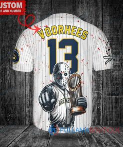 Milwaukee Brewers x Friday the 13th Jason Voorhees Halloween with World Series Trophy Custom Baseball Jersey White