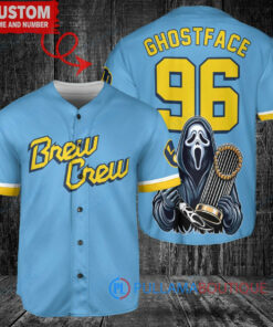 Milwaukee Brewers x Ghostface Scream Halloween Halloween with World Series Trophy Custom Baseball Jersey Blue City Connect