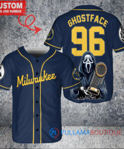 Milwaukee Brewers x Ghostface Scream Halloween Halloween with World Series Trophy Custom Baseball Jersey Navy