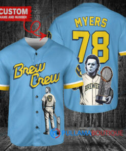 Milwaukee Brewers x Halloween Michael Myers with Trophy Custom Baseball Jersey Blue City Connect