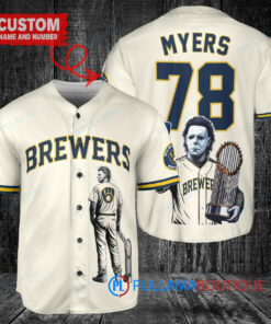 Milwaukee Brewers x Halloween Michael Myers with Trophy Custom Baseball Jersey Cream