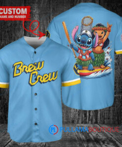 Milwaukee Brewers x Lilo & Stitch with Trophy Baseball Jersey Blue City Connect