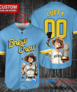 Milwaukee Brewers x Luffy One Piece with Trophy Custom Baseball Jersey Blue City Connect