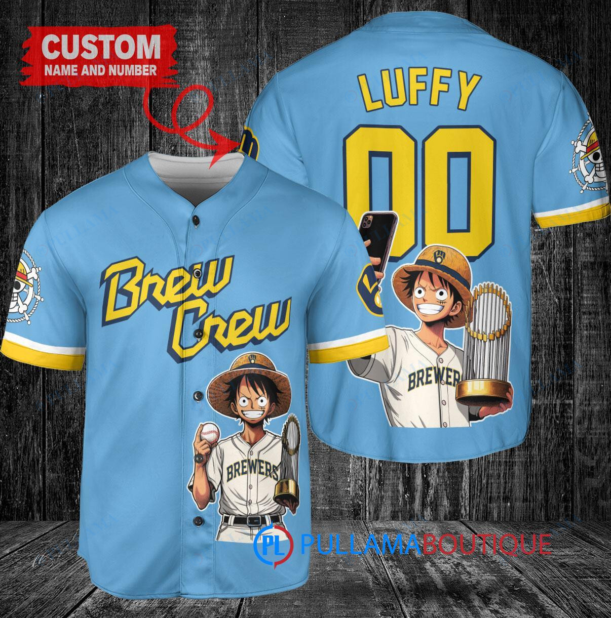 New York Yankees x Luffy One Piece with Trophy Custom Baseball Jersey Gray