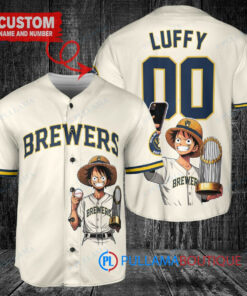 Milwaukee Brewers x Luffy One Piece with Trophy Custom Baseball Jersey Cream